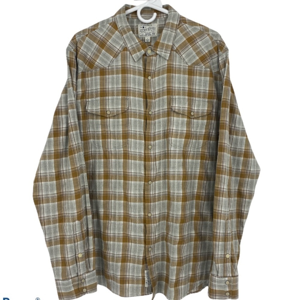 Lucky Brand snap Long Sleeve Western Tan & Grey Plaid Shirt SZ L